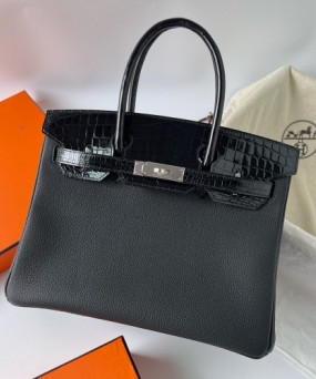 에르메스 버킨백30 블랙 은장 샤이니 악어가죽 핸들